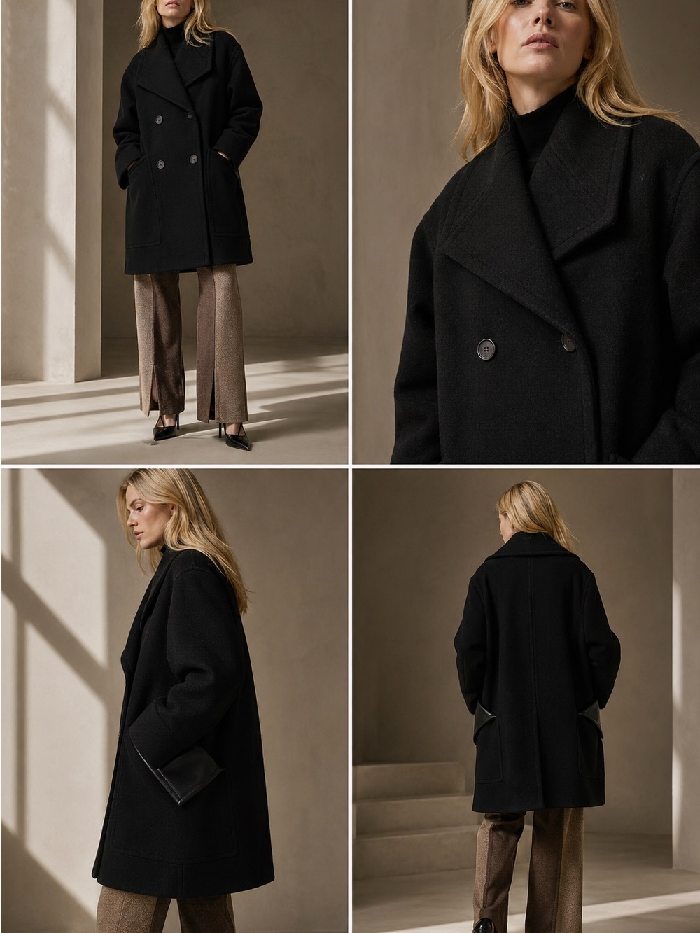BURBERRY Wool Coat Oversized Notched Collar Leather Trim Black - Picture 2 of 11